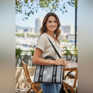 Bebe Gray Crossbody Bag with Black Straps